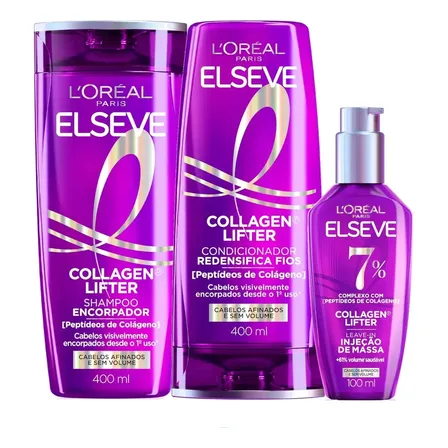 L'oréal Paris Elseve Collagen Lifter Kit Shampoo, Condicionador E Sérum Leave-in Com Peptídeos E Proteção Térmica Para Cabelos Finos, Volume Em 3d, 400ml + 400ml + 100ml