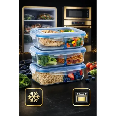 Kit 3 Potes Marmita Vidro Hermético 1040ml C/ Divisória Free Freezer Microondas Forno Água
