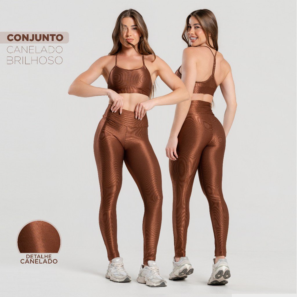 Conjunto Fitness Feminino Trilobal Canelado – Top Alcinha + Legging Cós Alto Modelador Brilhoso Academia e Treino