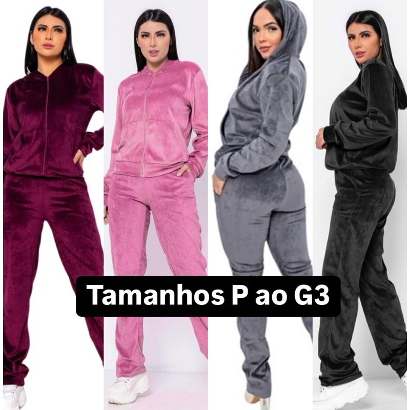 Conjunto Feminino Inverno Plush. Tamanhos: P ao Plus Size - Com zíper, capuz e bolso. Agasalho quentinho, liso e básico
