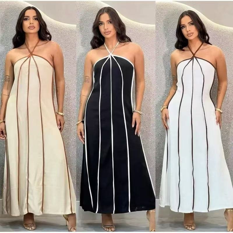 Vestido Longo Feminino Premium Frente Única Listrado Longo Tendência Amarração H-13