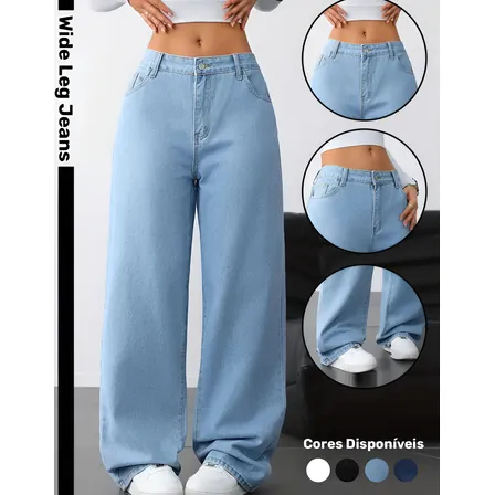 Calça Wide Leg Jeans Feminina Reta Perna Larga Empina Bumbum
