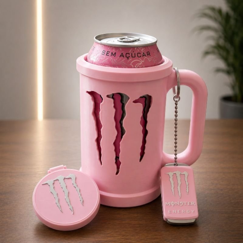 Kit Porta Lata Monster Energy  com Alça + Tampa + Chaveiro Abridor | Suporte Térmico Energético