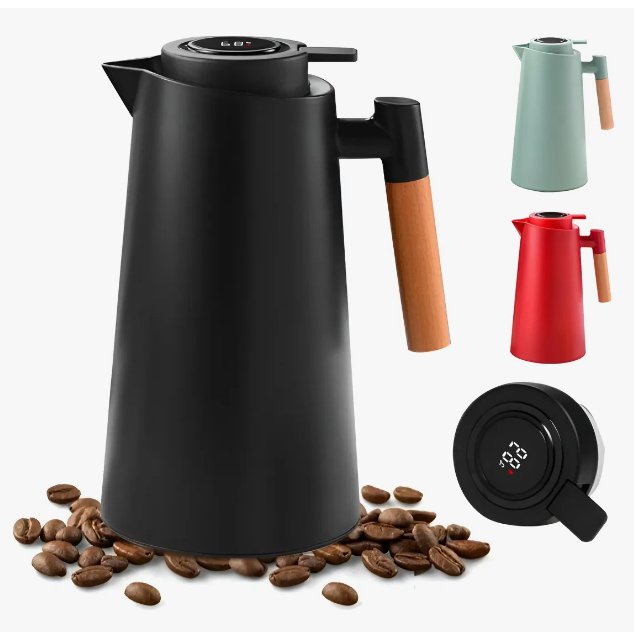 Garrafa Térmica 1L Termômetro Digital Para Café, Chá Bebidas Quentes ou Frias Cabo Madeira Design Moderno e Sofisticado