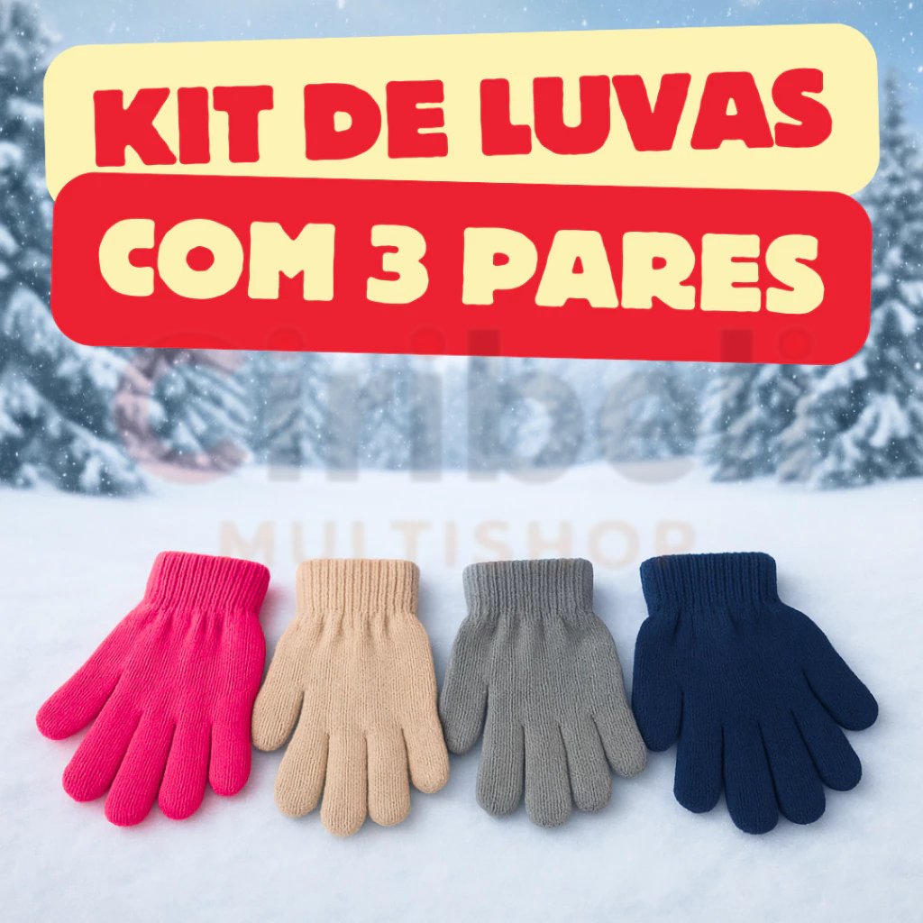 Luva Infantil Kit 3 Pares Moda Inverno Cores Lisa Sortidas Estilo Frio Premium