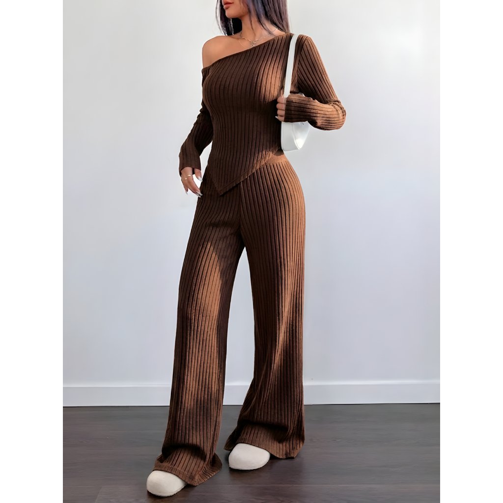 Conjunto Mila Feminino Blusa Assimétrica Manga Comprida  + Calça Pantalona Malha Ribana Moda Inverno