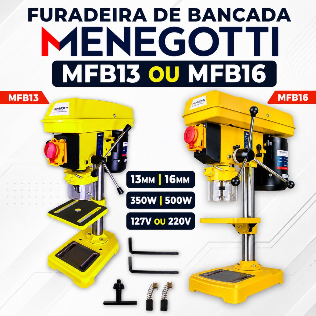 Furadeira de Bancada Menegotti MFB13 MFB16 350W 500W Madeira Metal Profissional 127V 220V 13mm 16mm