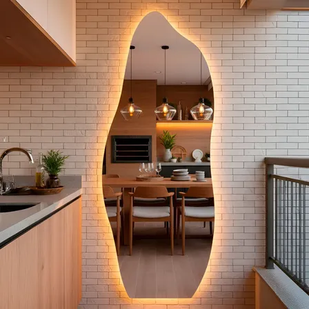 Espelho Orgânico Com Led 170x70 Cm Ideal Para Quarto, Banheiro, Escritório, Hall E Sala - Modelo Flame Com Iluminação Led Quente, Perfeito Para Ambientes Com Decoração Moderna Flame Led Quente