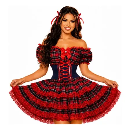 Vestido Caipira Adulto Xadrez Luxo Acinturado Com Espartilho