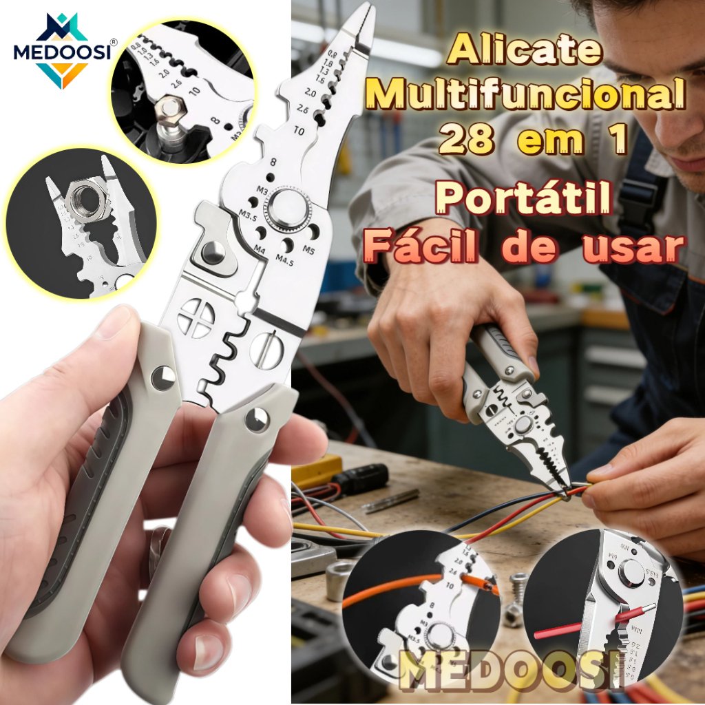 Alicate Multifuncional 28 em 1 -Crimpador,Descascador e Cortador Profissional | Ferramenta para Eletricistas e Reparos