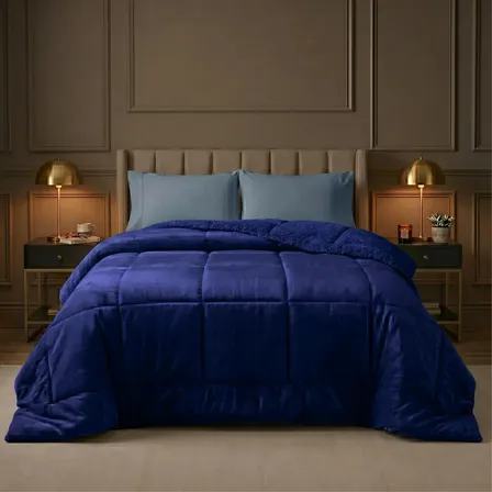 Coberdrom Edredom Casal Sherpa Dupla Face Plush 600 Fios Azul Liso