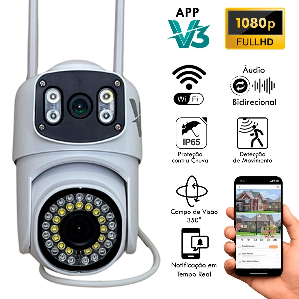 Camera Inteligente V3 Smart Wi-Fi 1080P Full HD Detecção de Movimento, Visão Noturna e Lente Dupla