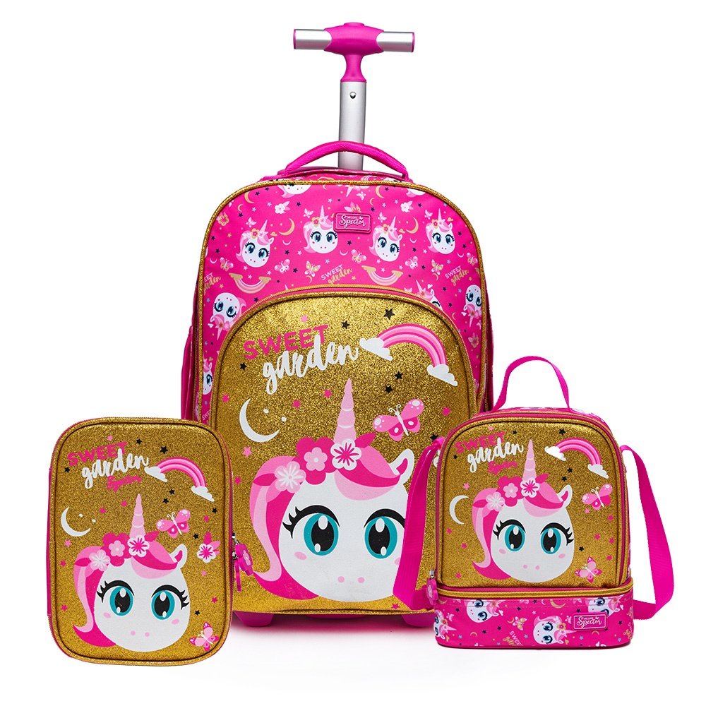 Kit Mochila Spector Infantil Rodinhas Estojo Grande Espaçoso Lancheira Térmica Unicórnio 32L