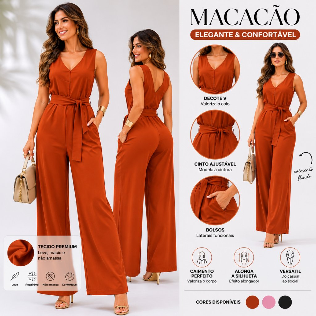 Macacão Feminino Alfaiataria Elegante Pantalona Longa Com Cinto Social