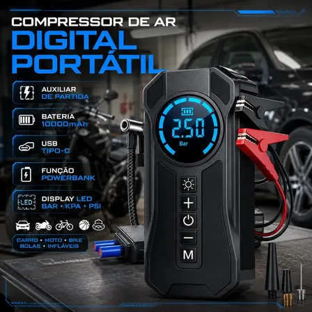 Mini Compressor De Ar Portátil Bateria Emergência Ignição Automotiva Potente Preto Compacto 127/220v
