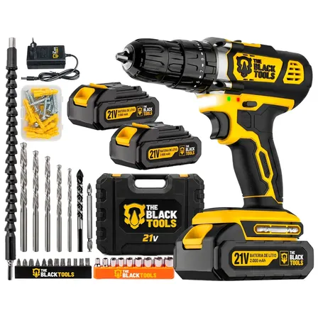 Parafusadeira Furadeira De Impacto 02 Baterias The Black Tools Profissional Tb-21px.2 Kit Completo Com Maleta Acessórios Amarelo E Preto 127/220v 60 Hz