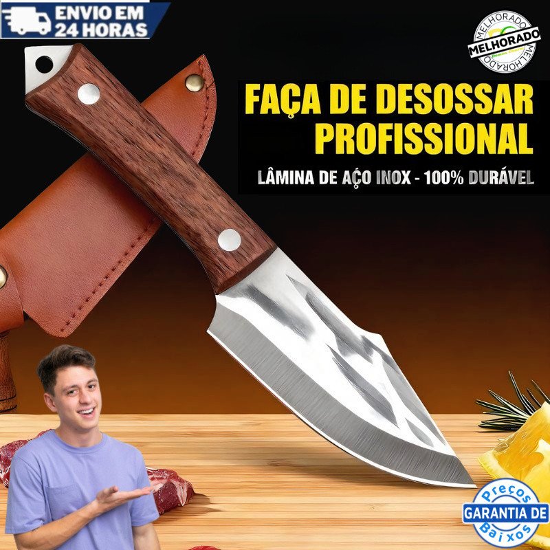 Faca Cutelo e Camping Artesanal, Aço Inox Afiado com Bainha de Couro Legítimo, Ideal para Desossar Carne e Aventura