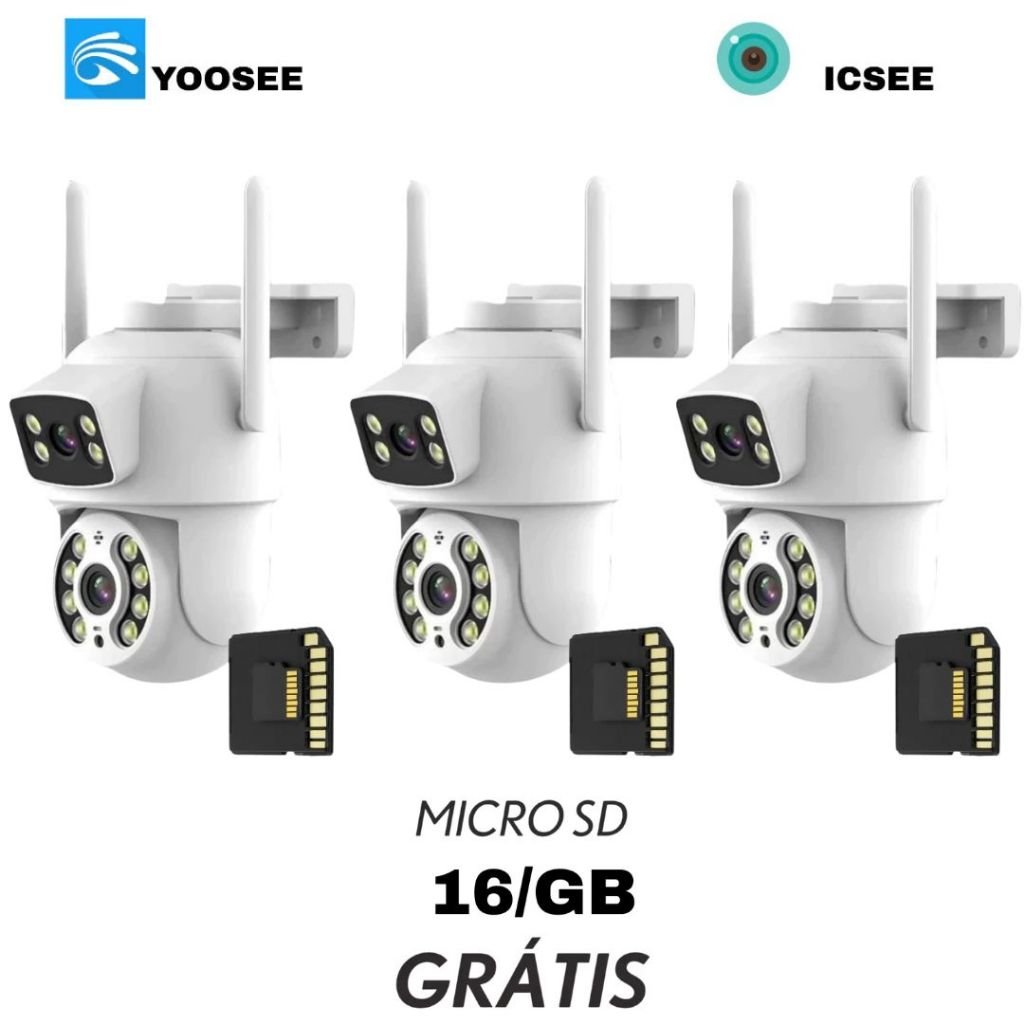 Kit3 Câmera de Segurança Wi-Fi Lente Dupla IP66 360° Visão Noturna + MicroSD 16GB