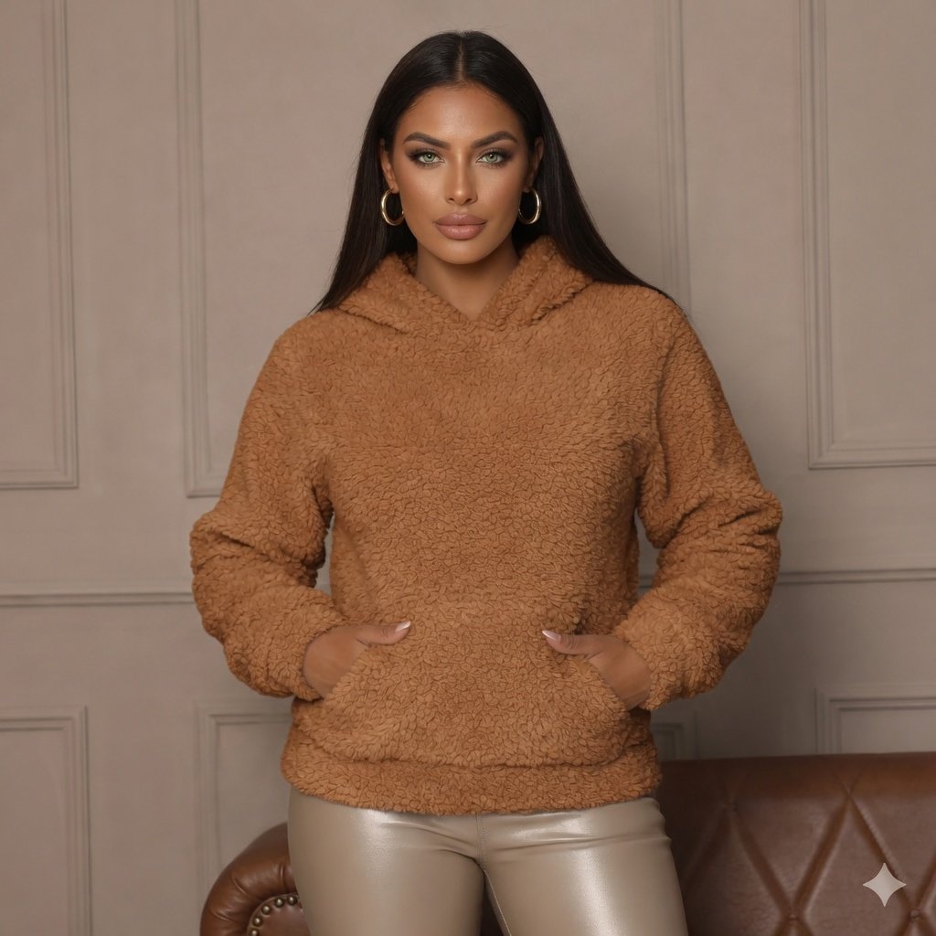 Casaco Sherpa Teddy Feminino De Pelinho Quente Com Capuz