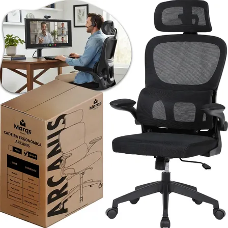 Cadeira Escritório Presidente Ergonômica Nr17 Marqs Home Arcanis Preta Com Apoio Lombar E Encosto Mesh Premium Preto Malha