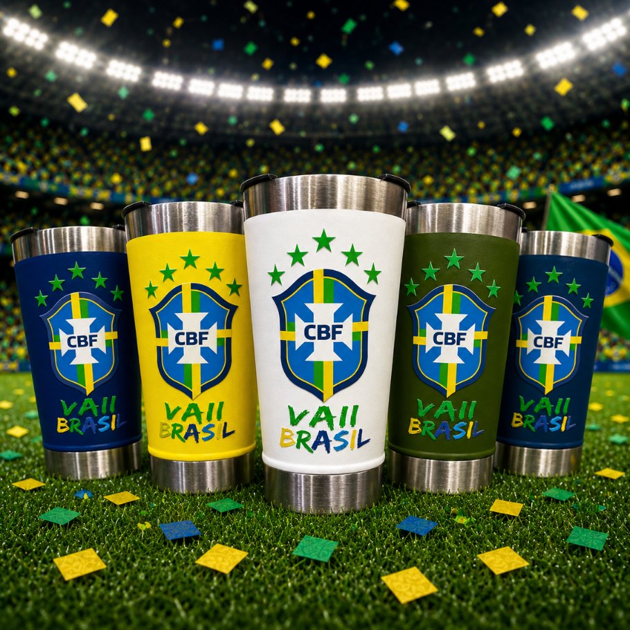 Copo Térmico BRASIL Personalizado com Nome | Escudo Resinado DTF UV e Gravação a Laser 473ml Tampa + Abridor