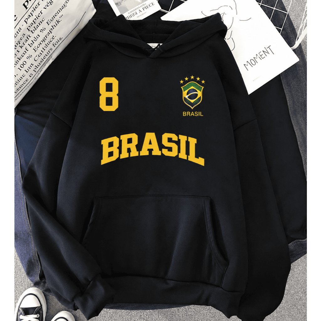 Moletom Canguru Brasil 8 Blusa de Frio Capuz Flanelado Inverno Com Bolso Canguru
