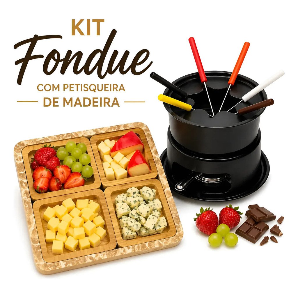 Kit Fondue Completo + 01 Conjunto 4 petisqueira Madeira Até 6 Pessoas Chocolate Queijo Caldos Garfos Longos 13 Peças