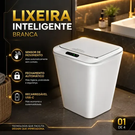 Lixeira Inteligente Automática Branca Universal Com Sensor Hearbuds Recarregável Anti Odor 16l Branco