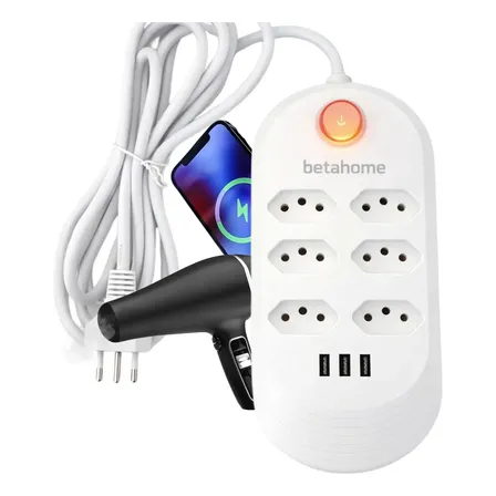 Extensão Elétrica 6 Tomadas Bivolt 3 Usb 2500w Régua Filtro De Linha 2 Metros Branco Cabo 2m 5 Mm Led Botão Power 10a 127/220v Energia Elétrico Padrão Brasileiro Profissional Protetor Gamer