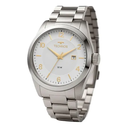 Relógio Technos Masculino Steel Prata Quartz Aço Inox Com Calendário Prateado Branco