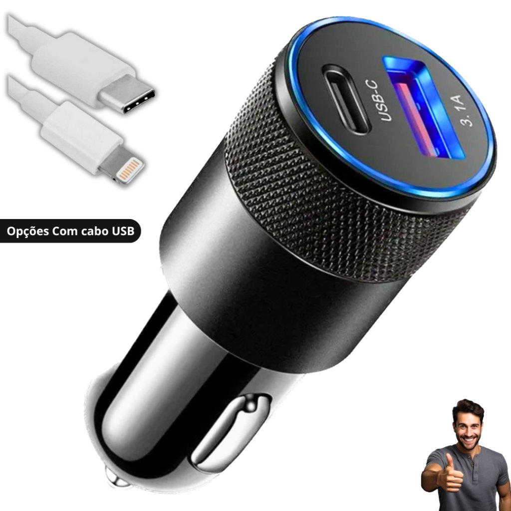 Carregador Veicular Turbo USB C + USB 3.4A Carregamento rápido/Universal