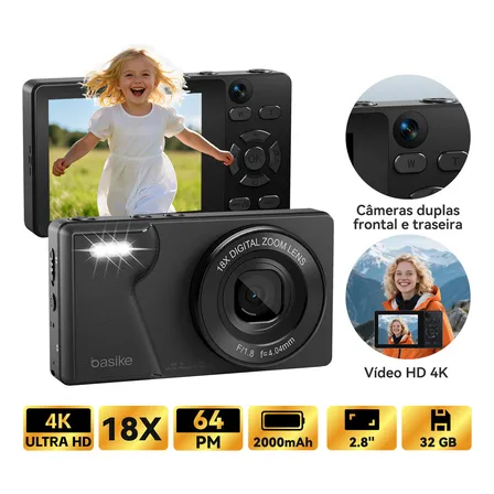 Basike Câmera Fotográfica Digital Portátil 4k Uhd 64mp, Zoom 18x, 64mp Câmeras Duplas Frontal E Traseira Com Flash, Foco Automático E Função Webcam, Cartão Sd 32gb, Para Infantil,iniciantes,vlog Preto