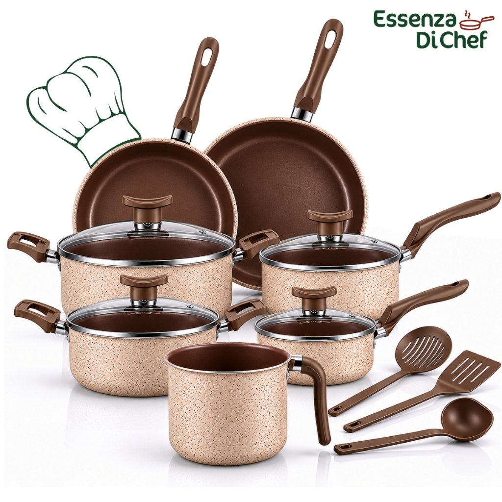 Conjunto de Panelas 10 Peças Alumínio Antiaderente Cappuccino Com Utensílios e Tampa de Vidro