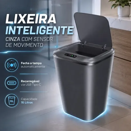 Lixeira Inteligente Automática Cinza Universal Com Sensor Recarregável Earman Company Anti Odor 16l Recarregável Usb