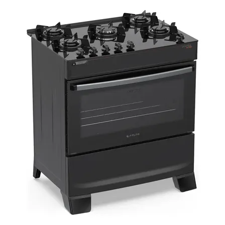 Fogão 5 Bocas Atlas Atenas Glass A Gás com Mesa de Vidro e Mega Chama Preto Bivolt