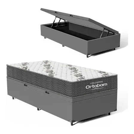 Cama Box Baú Solteiro Ortobom Com Colchão Espuma D33 Firme Cinza