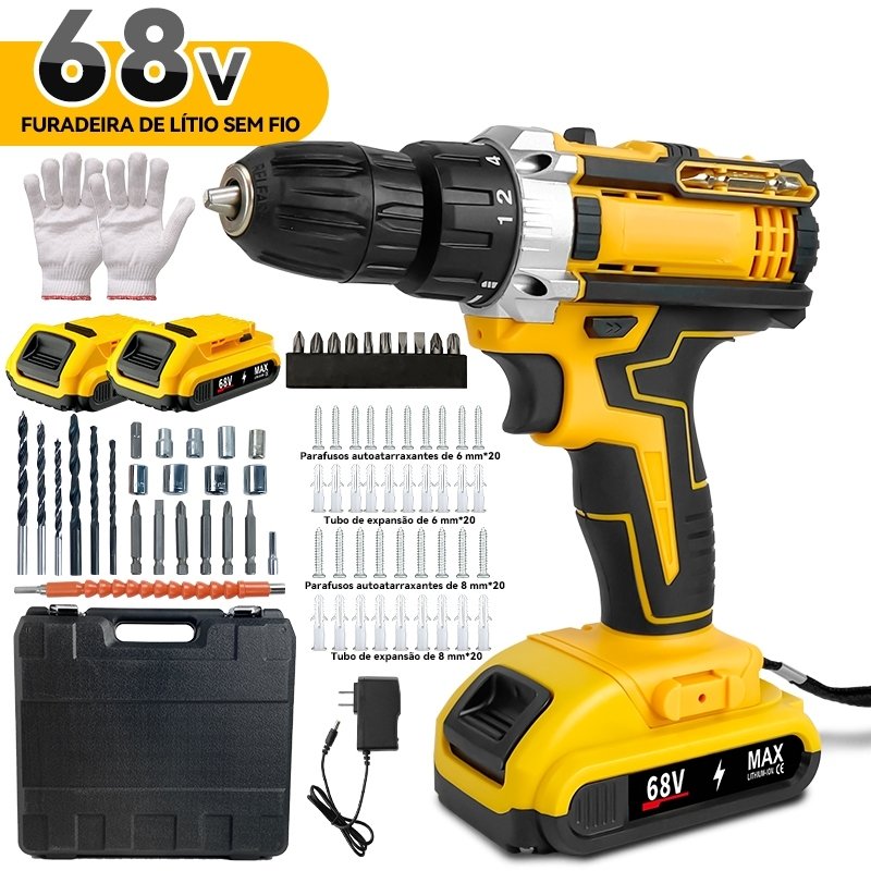 【110V/220V】Parafusadeira 68V/26V Baterias Sem Fio Com Impacto e Maleta Completa de Brocas.