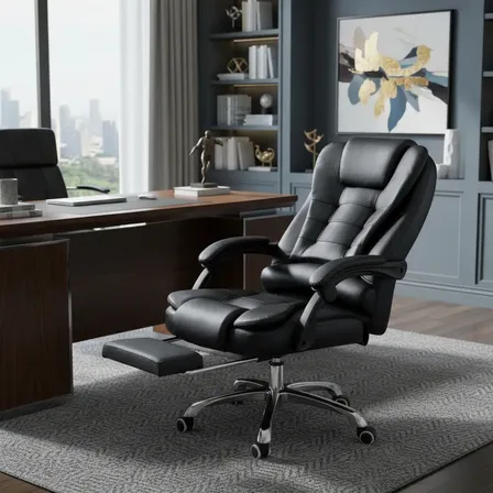 Cadeira De Escritório Presidente Ergonômica Python Fly Couro Sintético Encosto Ajustável Com Trava E Apoio Para Pés Cor Preta