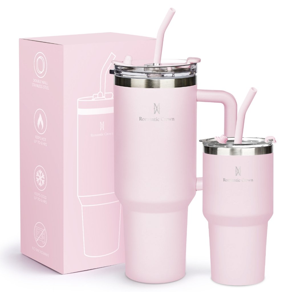 ROMANTIC CROWN Kit 2 Copo Térmico Inox Portátil 1200ml/600ml Garrafa Térmica Inoxidável com Tampa e Canudo