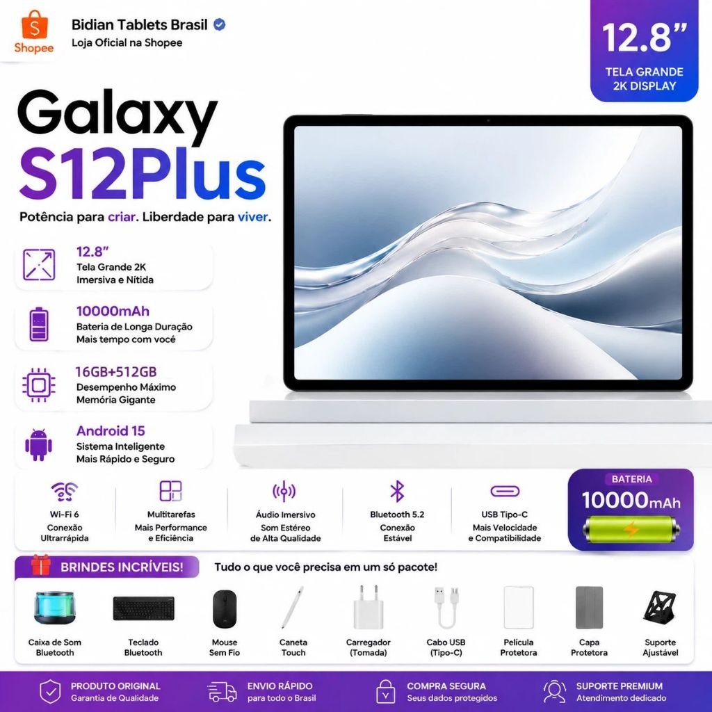 【Free Keyboard + mouse】Galaxy Tablet S12 Plus 16GB+512GB with Android15 10000mAh Battery Dual Camera 24MP+48MP