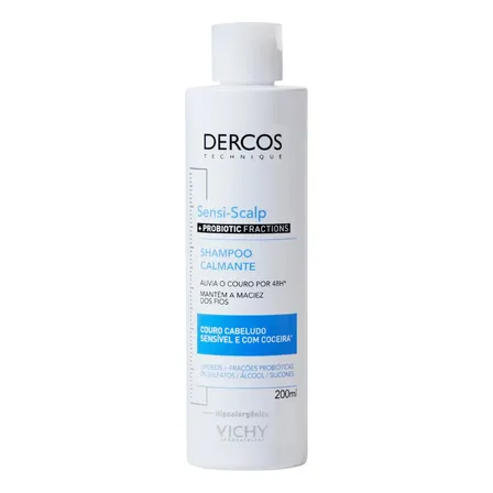 Shampoo de Limpeza Calmante para Couro Cabeludo Sensível, Alívio Instantâneo 48h, Nutrição e Brilho, Livre de Sulfatos, Parabenos e Corantes, Dercos SensiScalp Probiotic, Vichy 200ml