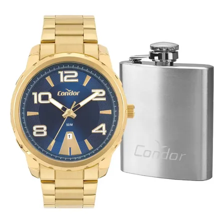 Kit Relógio Condor Masculino Dourado Aço Co2115myj/k4a Dourado Azul
