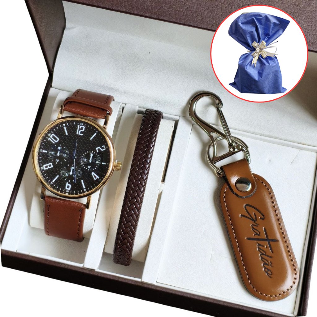 Relógio Masculino Minimalista Couro Elegante + Pulseira De Couro - Presente Homens , dias dos Pais , Natal, namorado