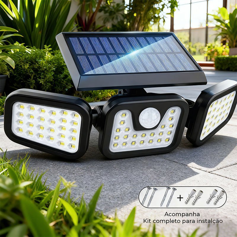 Refletor Grande de 122Led com Painel Solar Giratório Sensor de Movimento