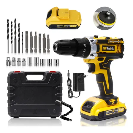 Parafusadeira Furadeira Impacto Fulink Profissional Fk-80pt 2 Baterias Com Maleta 60Hz Amarelo
